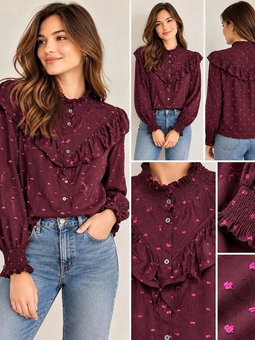 LOFT Burgundy Pink Dot Ruffle Button Front Blouse Size M NWOT